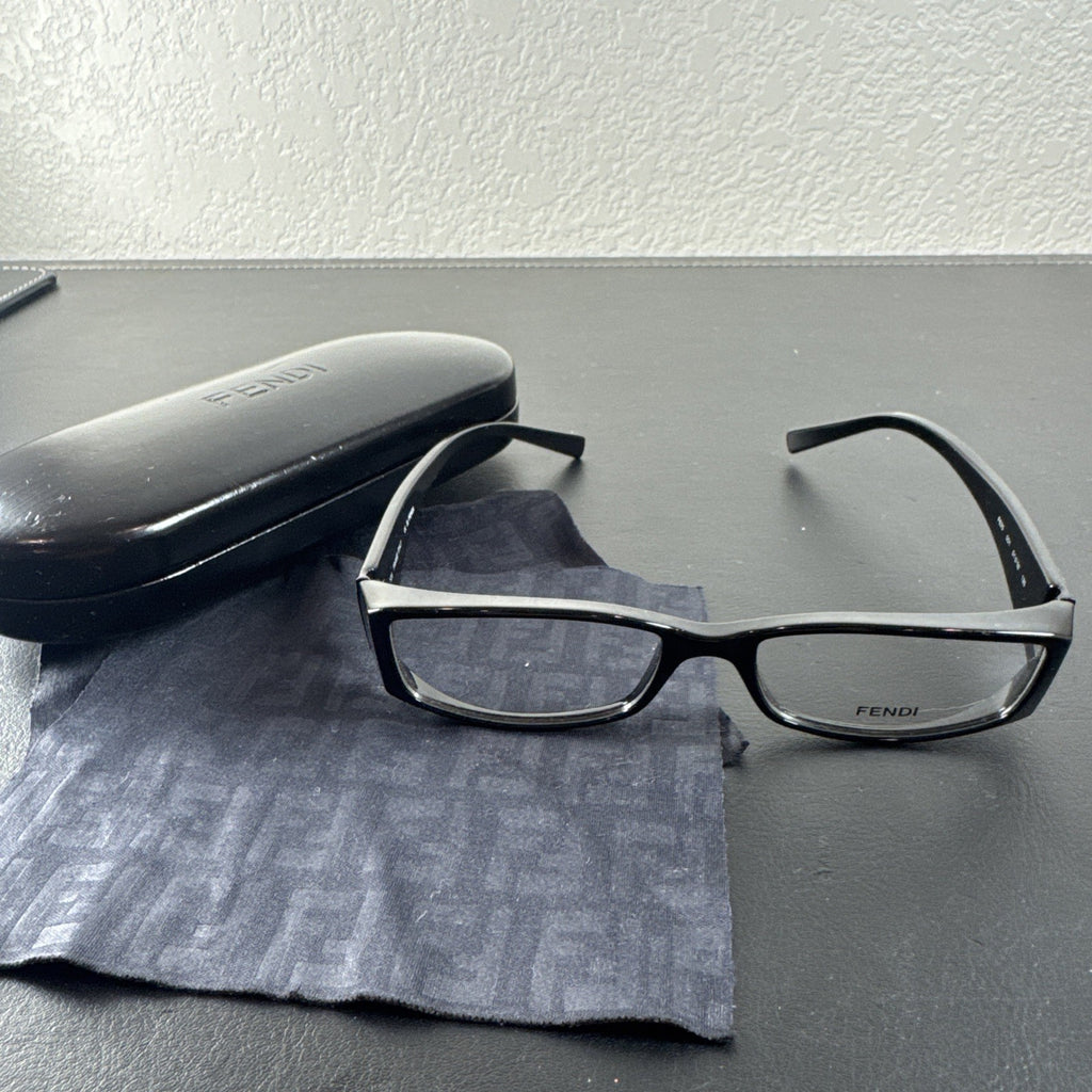 Fendi F625 black plastic rectangular eyeglass frames made in Italy with original case and cleaning cloths