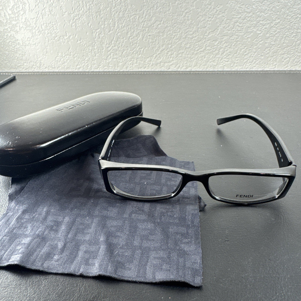 Fendi F625 black plastic rectangular eyeglass frames made in Italy with original case and cleaning cloths