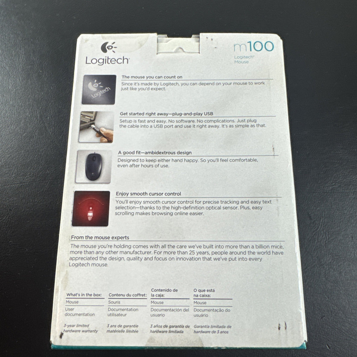 Brand new black Logitech M100 wired USB optical computer mouse in original packaging.