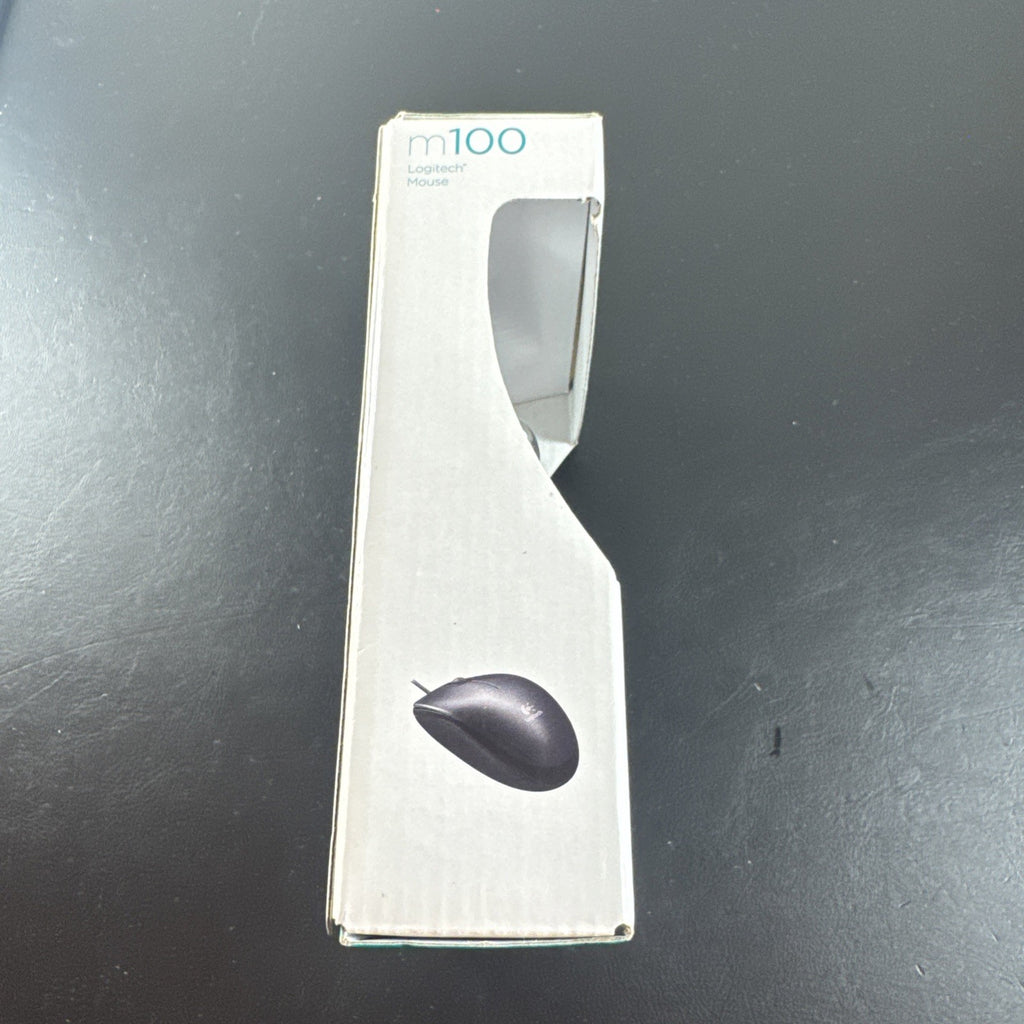 Brand new black Logitech M100 wired USB optical computer mouse in original packaging.