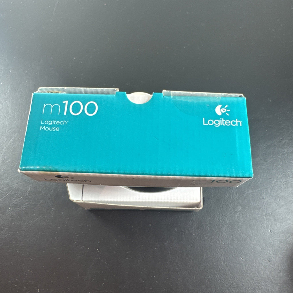 Brand new black Logitech M100 wired USB optical computer mouse in original packaging.