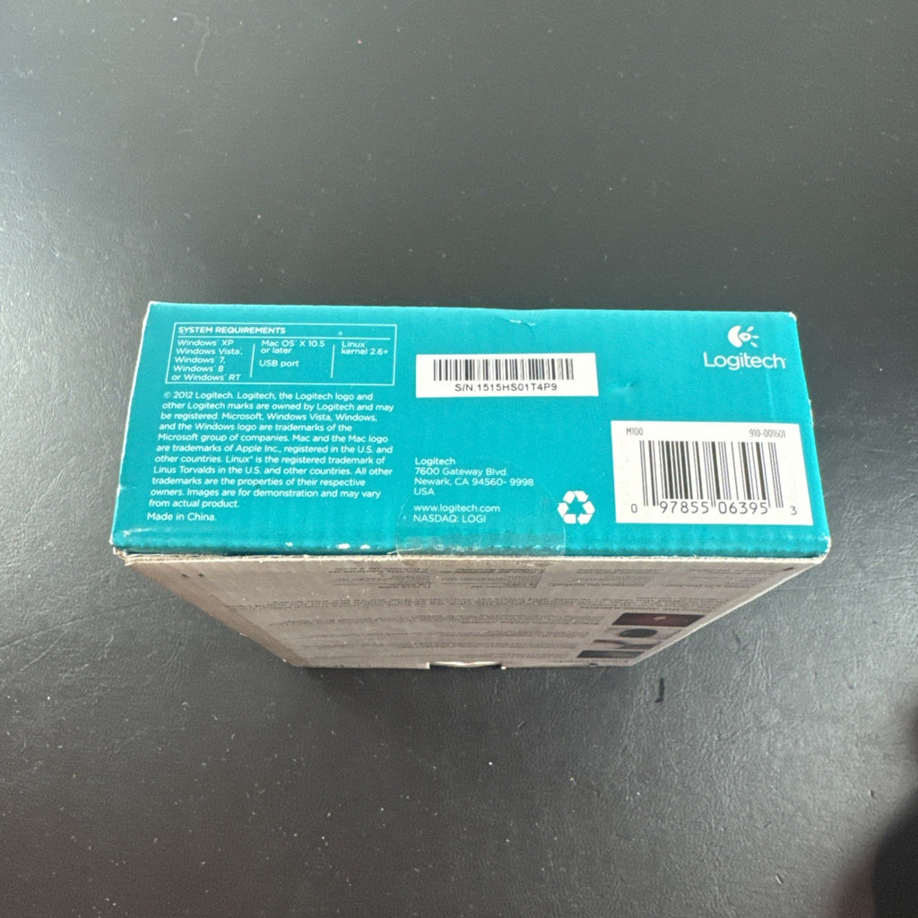 Brand new black Logitech M100 wired USB optical computer mouse in original packaging.