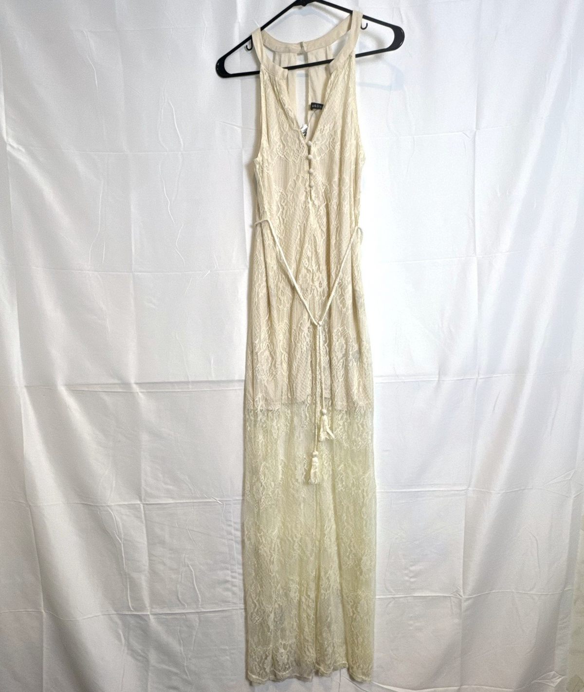 Ark & Co. brand new with tags ivory floral lace halter maxi dress featuring an open back and tassel waist belt