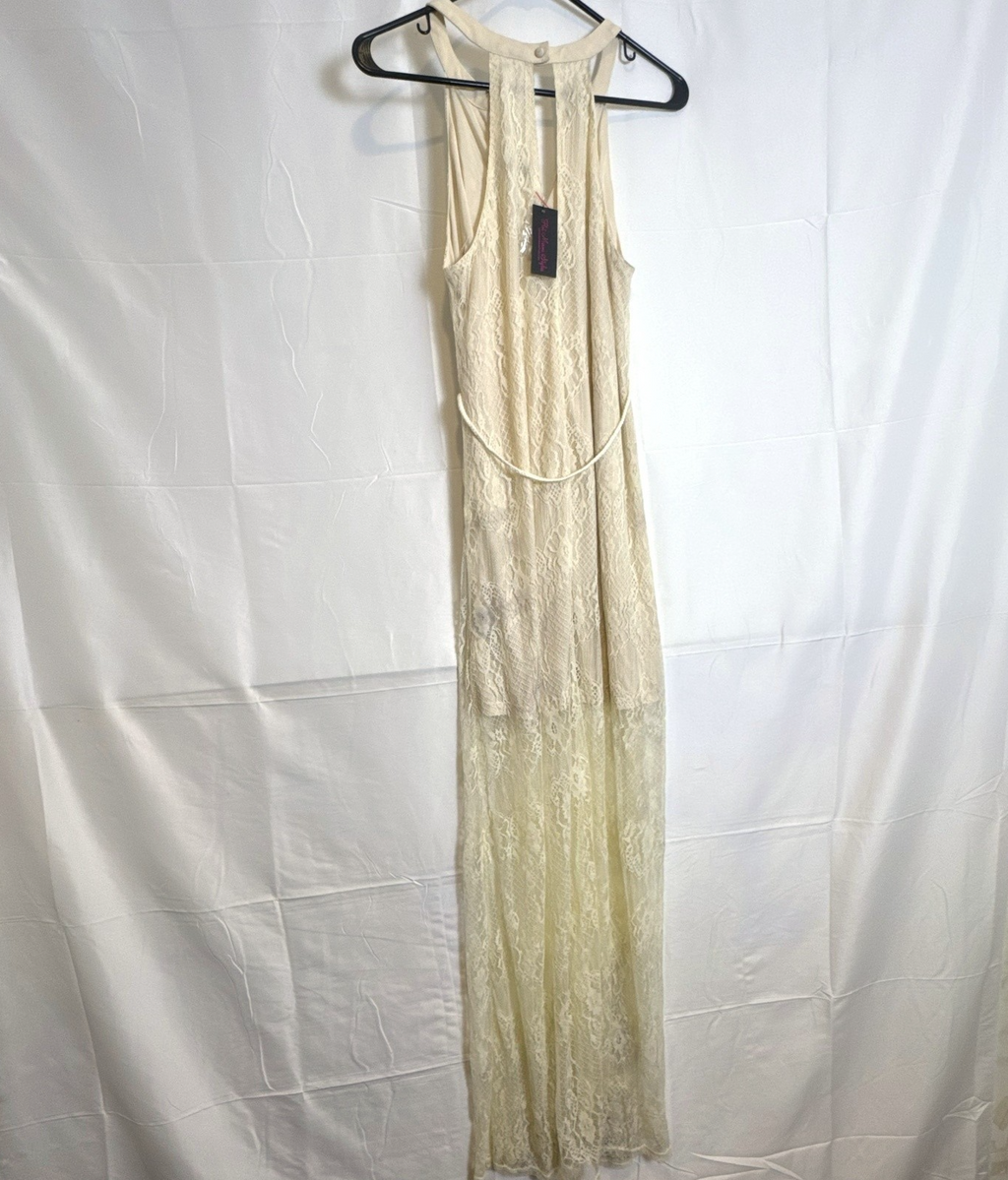 Ark & Co. brand new with tags ivory floral lace halter maxi dress featuring an open back and tassel waist belt
