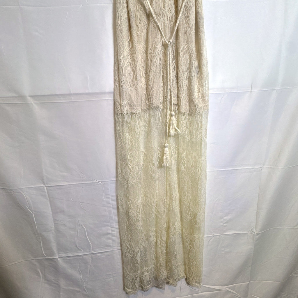 Ark & Co. brand new with tags ivory floral lace halter maxi dress featuring an open back and tassel waist belt