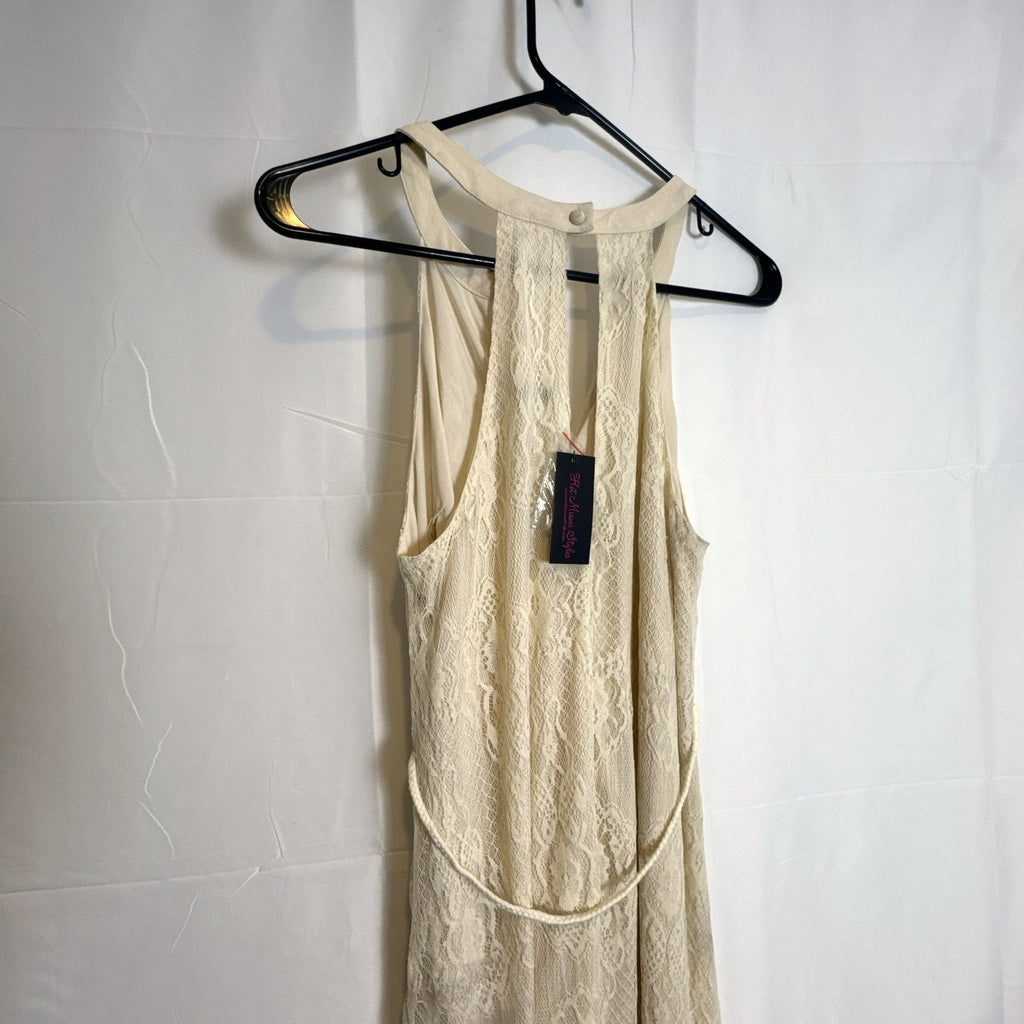 Ark & Co. brand new with tags ivory floral lace halter maxi dress featuring an open back and tassel waist belt