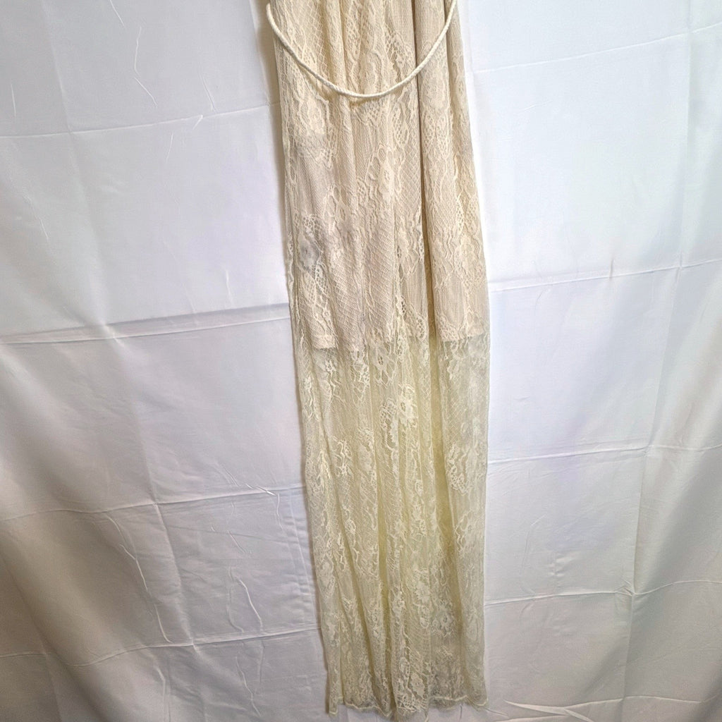 Ark & Co. brand new with tags ivory floral lace halter maxi dress featuring an open back and tassel waist belt