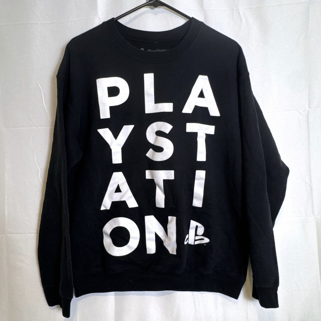 Ripple Junction PlayStation stacked text logo crewneck sweatshirt in black, men's size medium.
