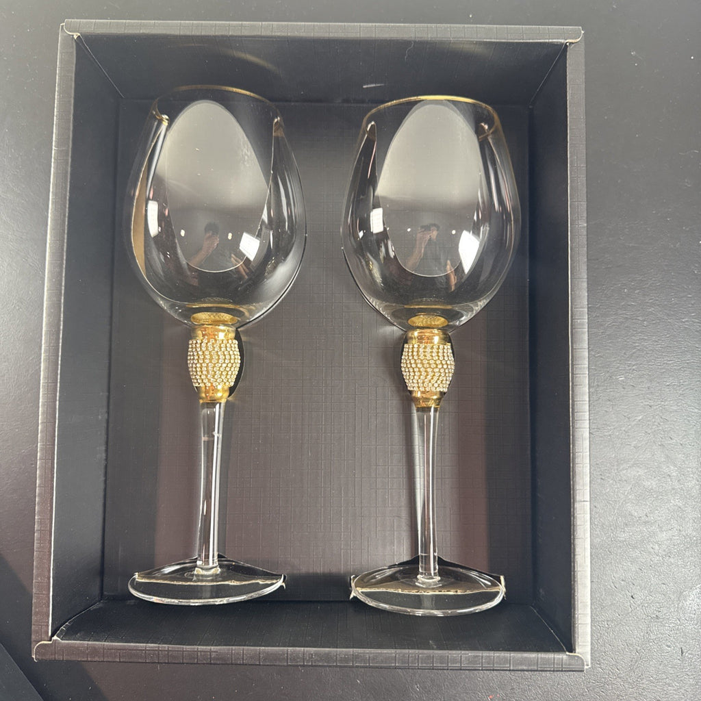 Trinkware clear glass wine goblets set of 2 with gold rims and diamond rhinestone stem accents