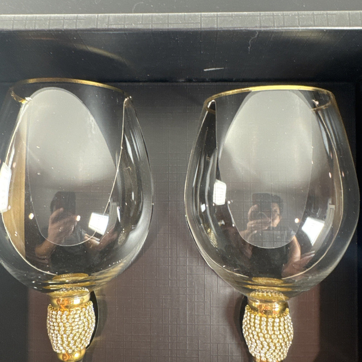 Trinkware clear glass wine goblets set of 2 with gold rims and diamond rhinestone stem accents