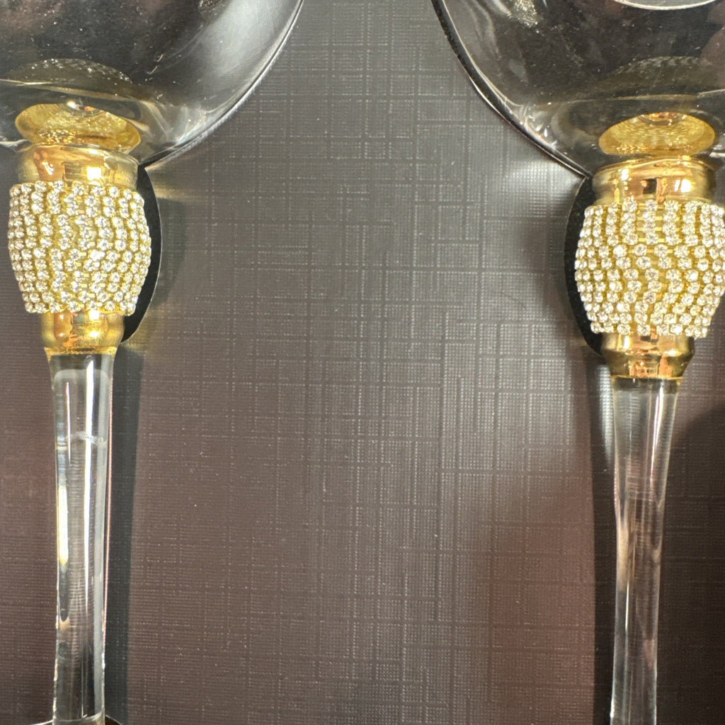 Trinkware clear glass wine goblets set of 2 with gold rims and diamond rhinestone stem accents