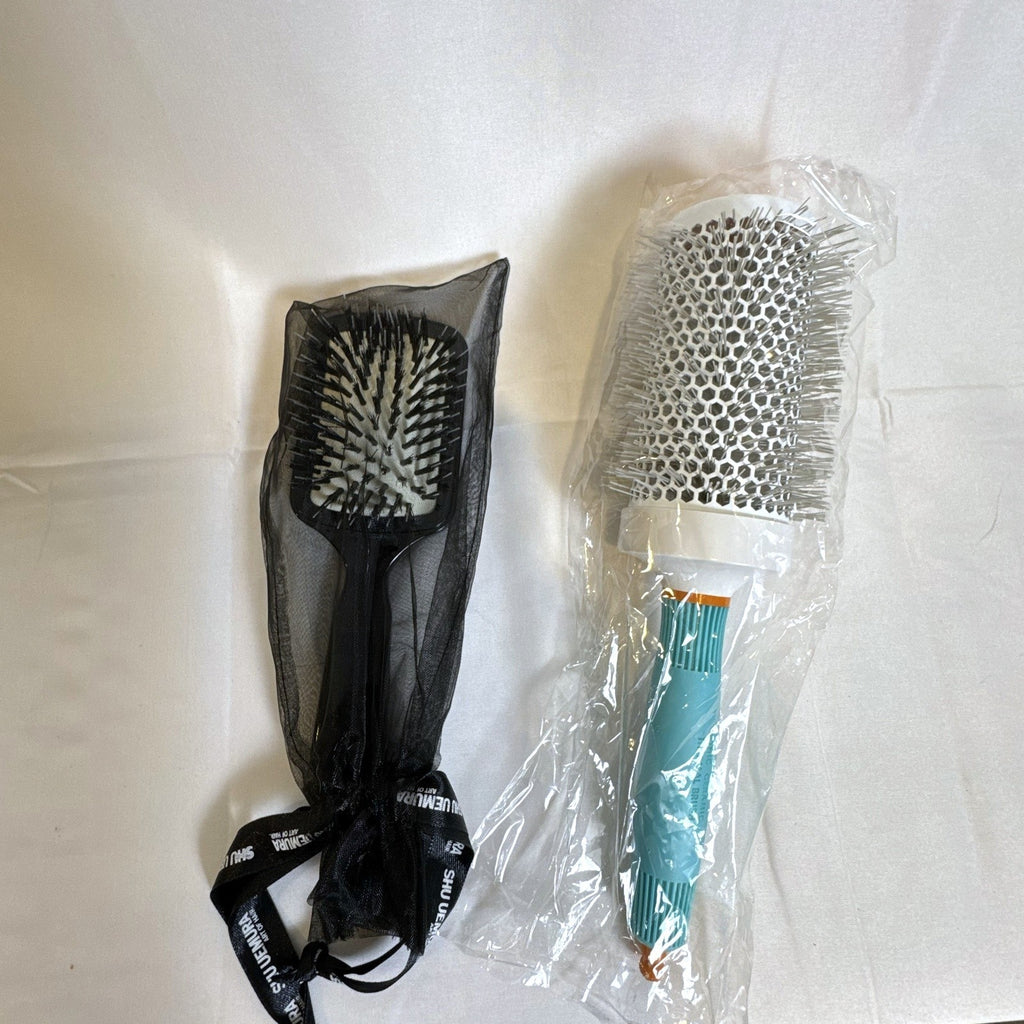 New Moroccanoil 55mm ceramic round brush and Shu Uemura Acca Kappa paddle brush set in original packaging