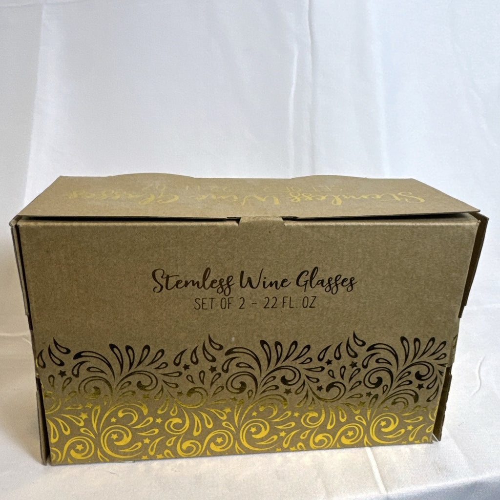 Set of 2 TMD Sip and Savor multicolor stemless wine glasses, 22 oz capacity, new in original box.