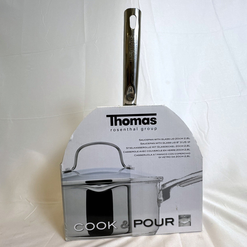 New Thomas Rosenthal 1-liter stainless steel cook and pour saucepan with tempered glass straining lid.