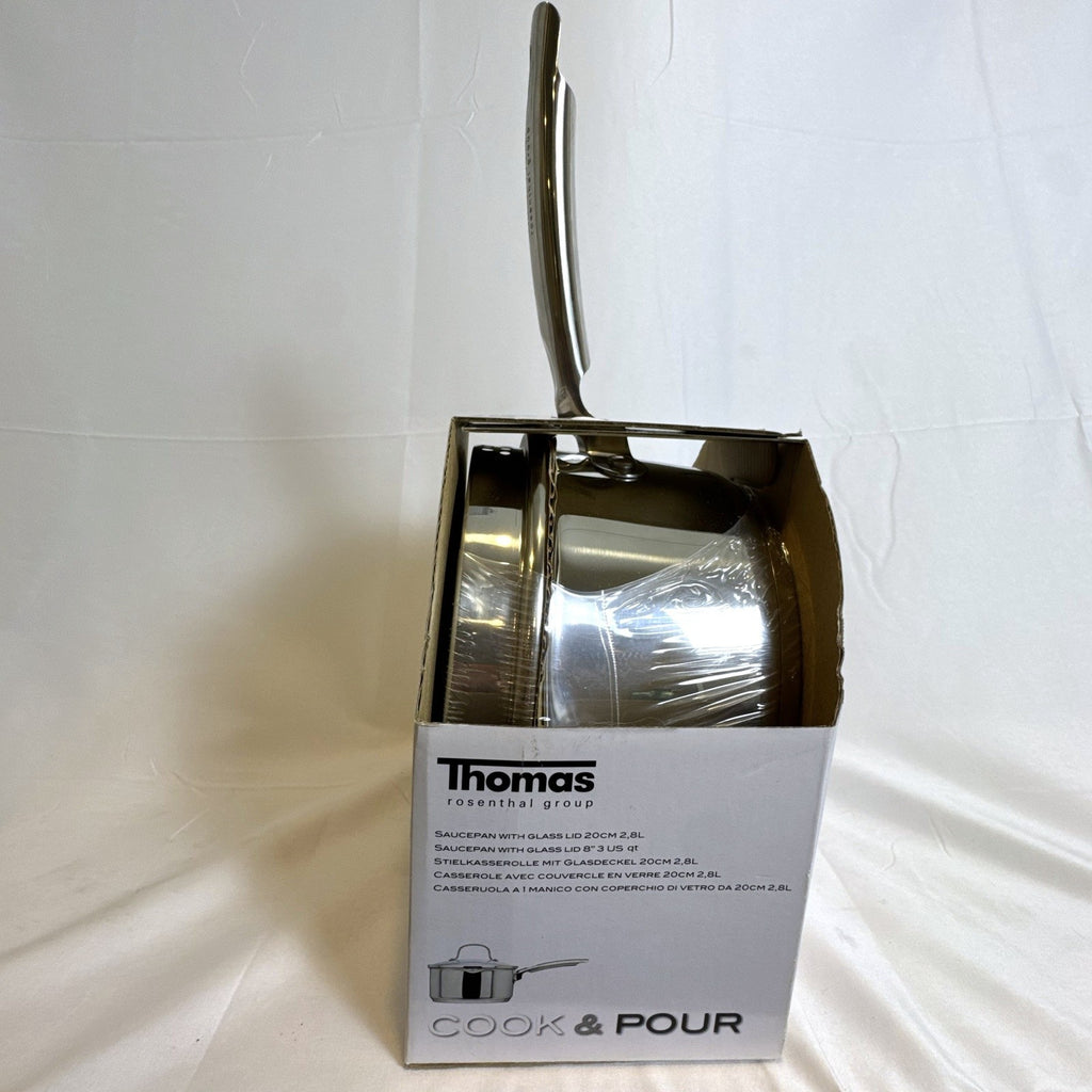 New Thomas Rosenthal 1-liter stainless steel cook and pour saucepan with tempered glass straining lid.