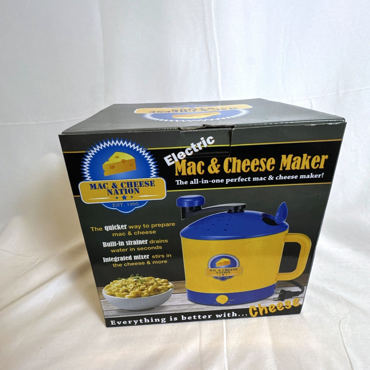 Smart Planet 1995 electric macaroni and cheese maker in blue and yellow, brand new in original box