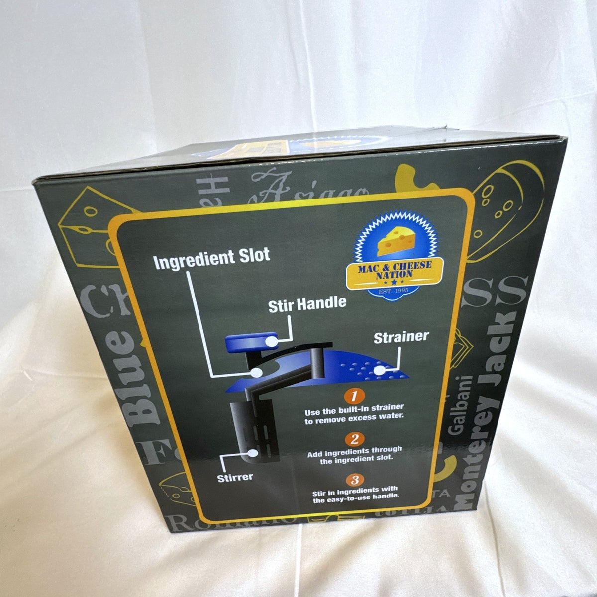 Smart Planet 1995 electric macaroni and cheese maker in blue and yellow, brand new in original box