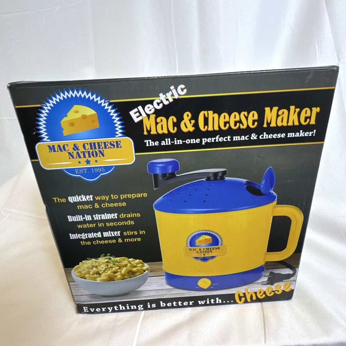 Smart Planet 1995 electric macaroni and cheese maker in blue and yellow, brand new in original box