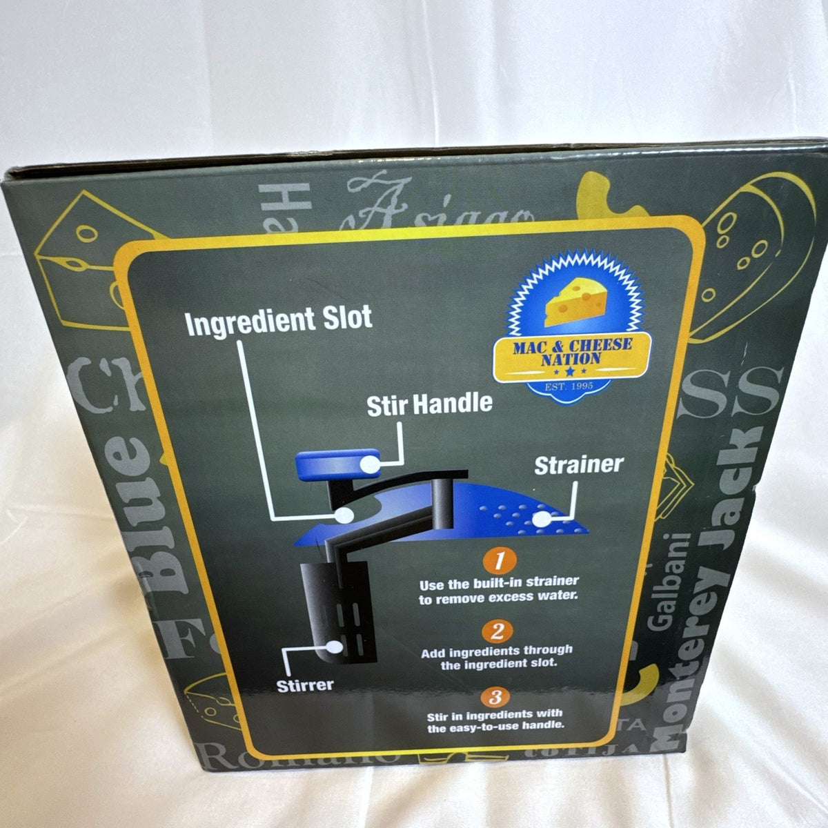 Smart Planet 1995 electric macaroni and cheese maker in blue and yellow, brand new in original box