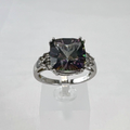 Cushion cut mystic topaz ring in 10K white gold with clear accent stones, size 7