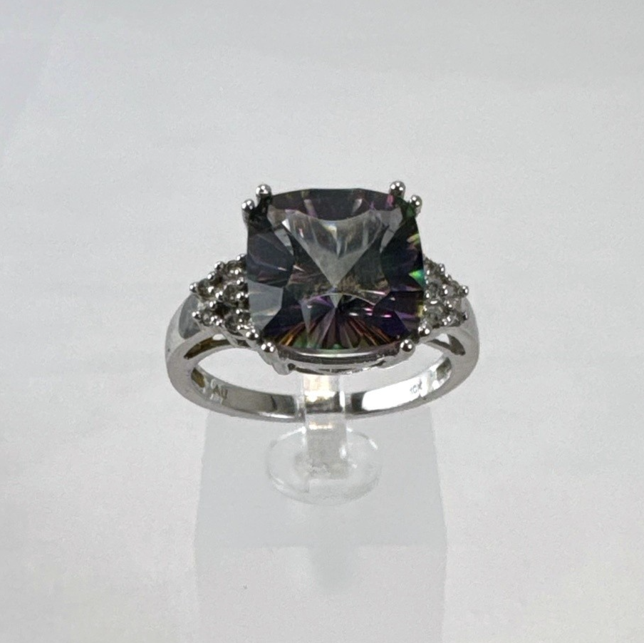 Cushion cut mystic topaz ring in 10K white gold with clear accent stones, size 7