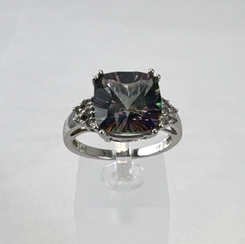 Cushion cut mystic topaz ring in 10K white gold with clear accent stones, size 7