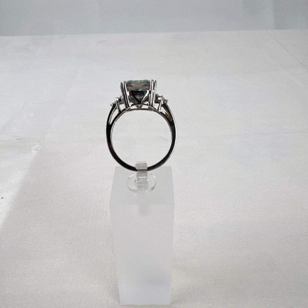 Cushion cut mystic topaz ring in 10K white gold with clear accent stones, size 7