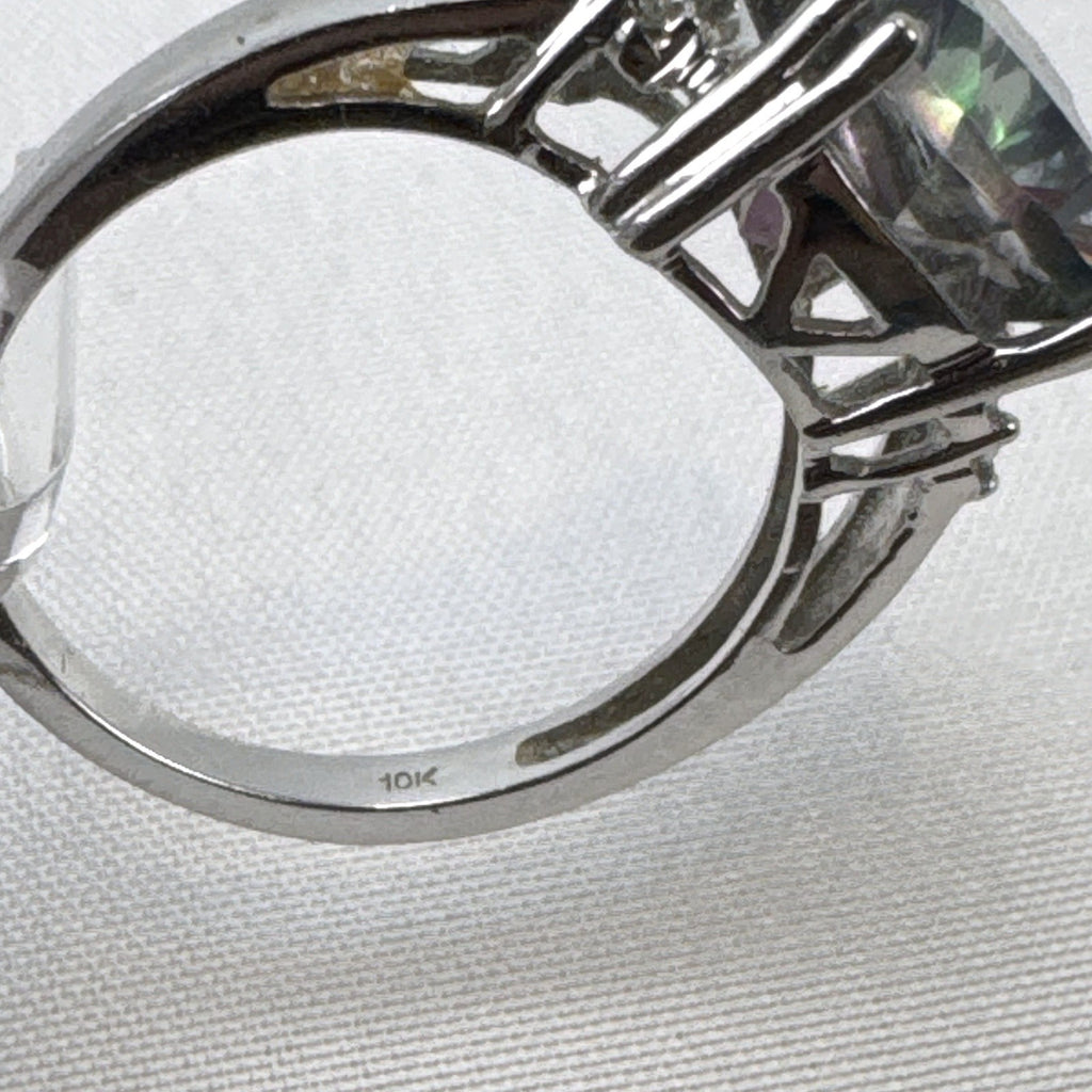 Cushion cut mystic topaz ring in 10K white gold with clear accent stones, size 7
