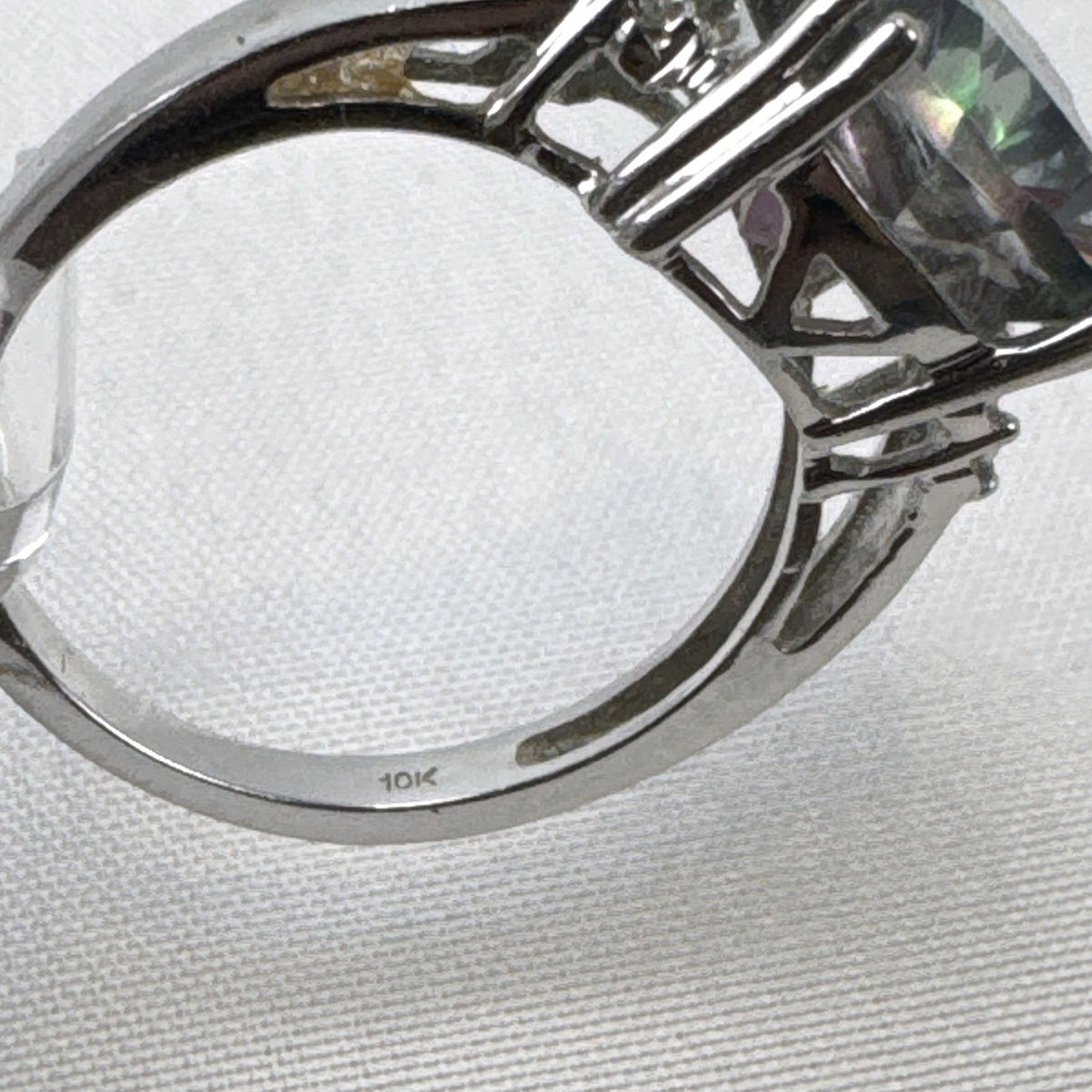 Cushion cut mystic topaz ring in 10K white gold with clear accent stones, size 7