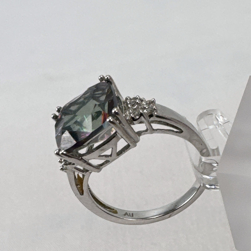 Cushion cut mystic topaz ring in 10K white gold with clear accent stones, size 7