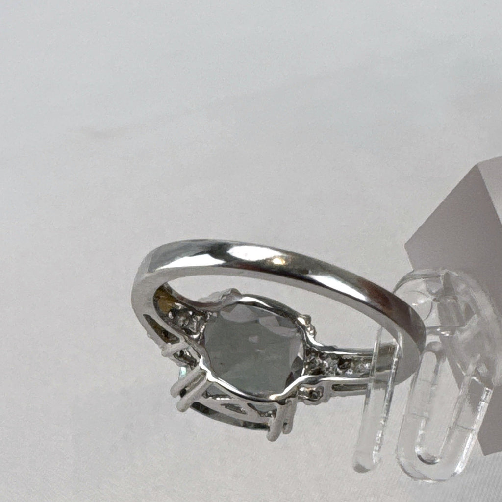 Cushion cut mystic topaz ring in 10K white gold with clear accent stones, size 7