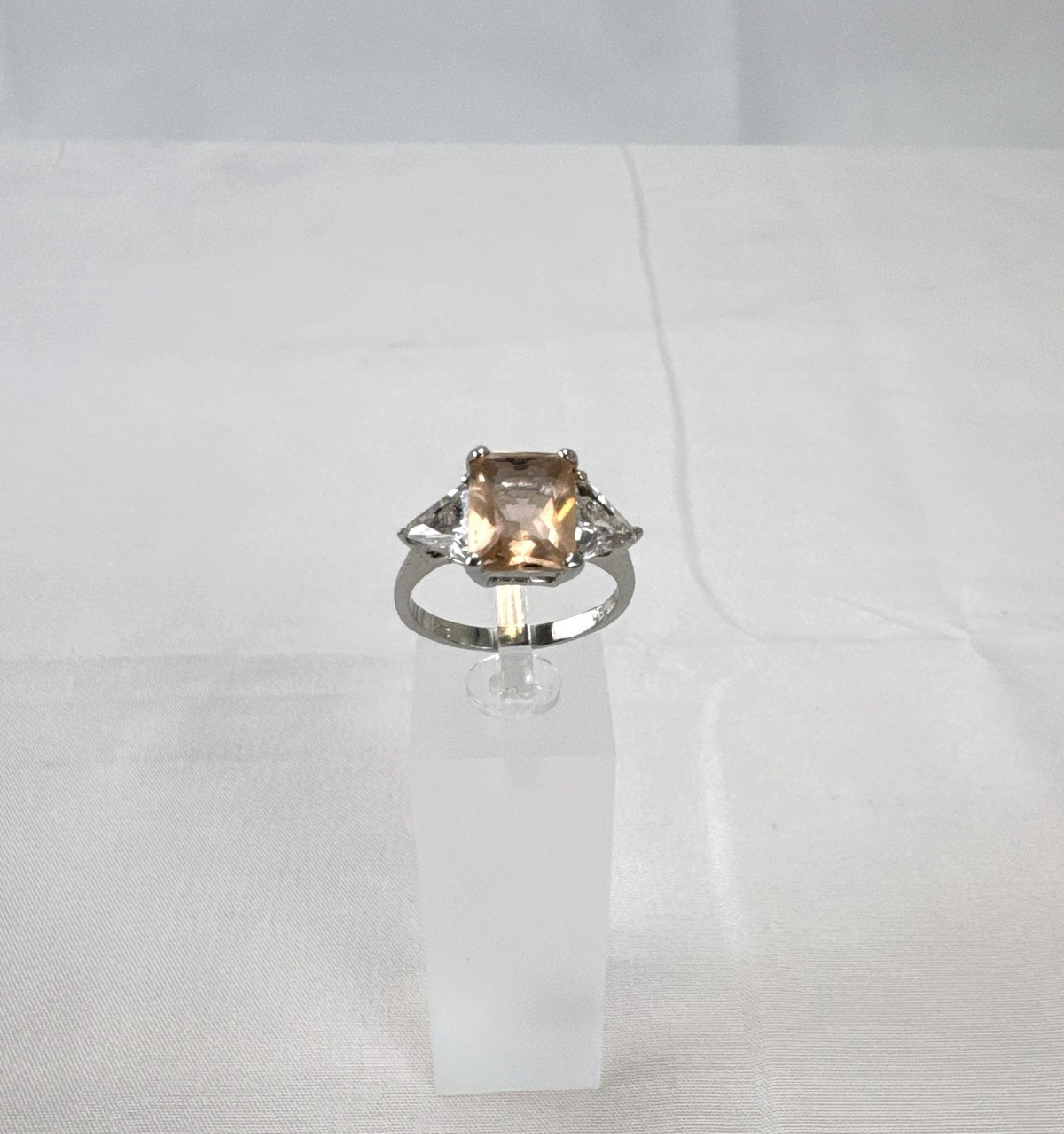 DBJ 925 sterling silver 3-stone ring with champagne emerald-cut CZ and clear trillion side stones size 7
