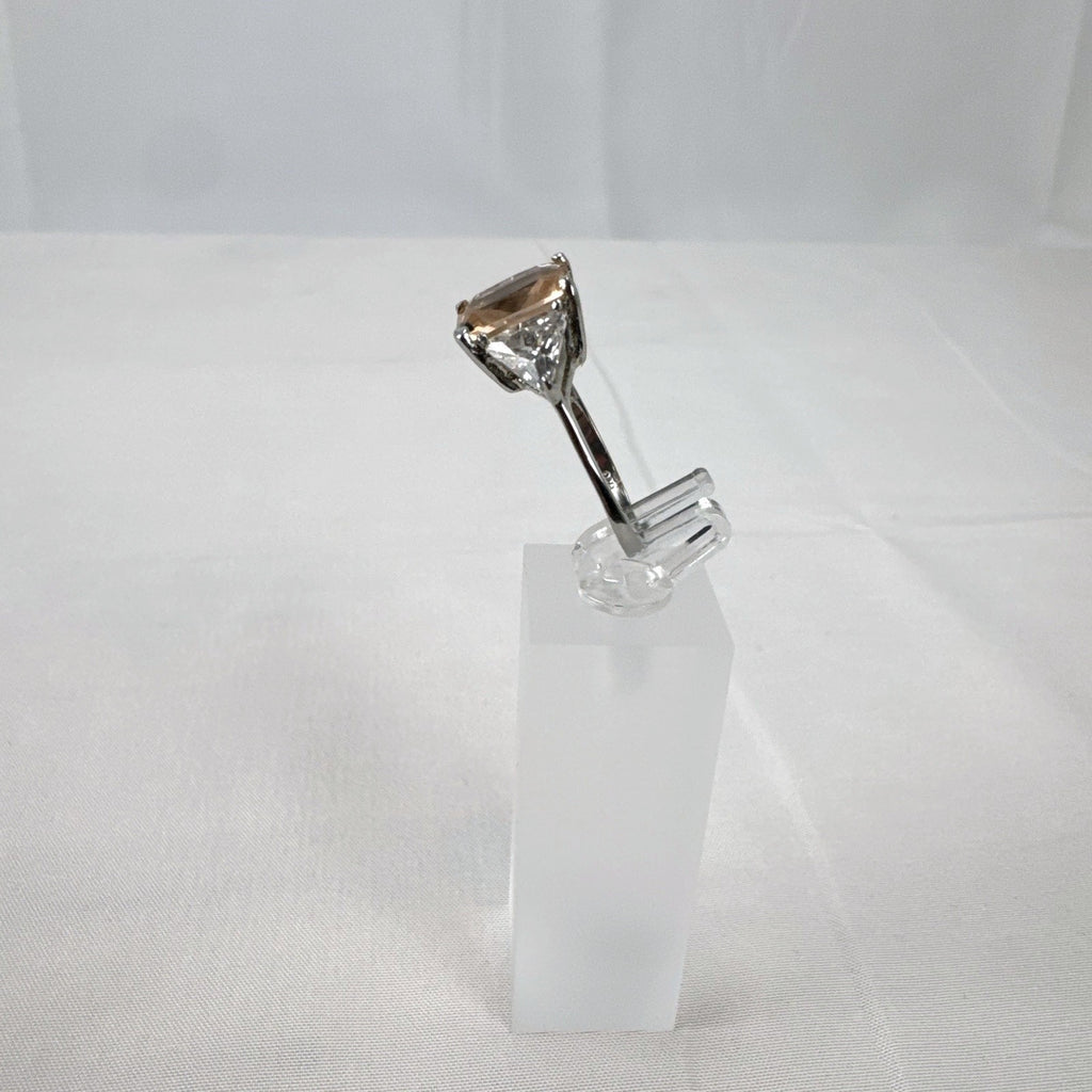 DBJ 925 sterling silver 3-stone ring with champagne emerald-cut CZ and clear trillion side stones size 7