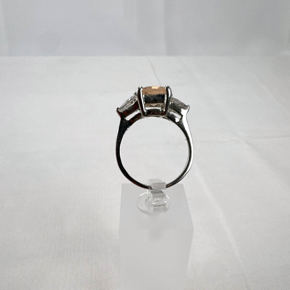 DBJ 925 sterling silver 3-stone ring with champagne emerald-cut CZ and clear trillion side stones size 7