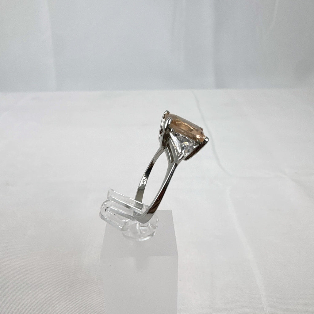 DBJ 925 sterling silver 3-stone ring with champagne emerald-cut CZ and clear trillion side stones size 7