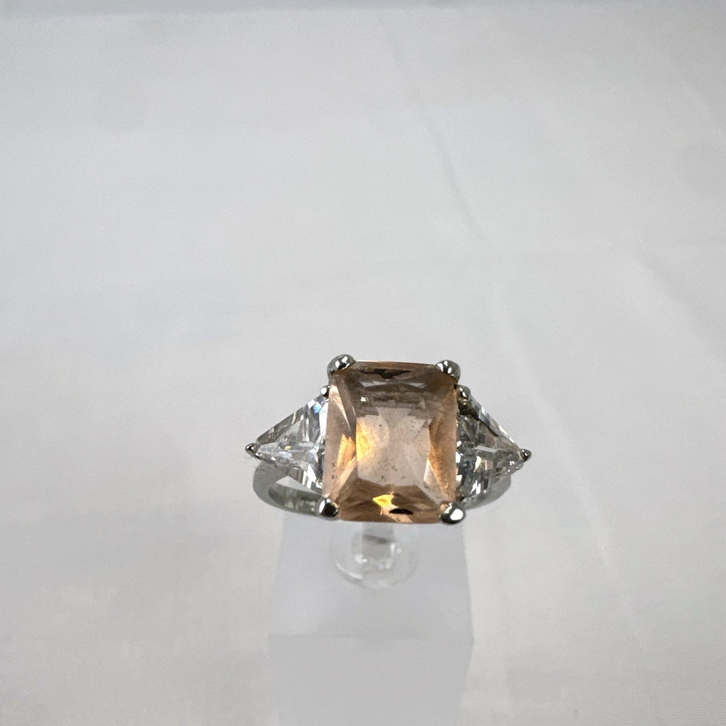 DBJ 925 sterling silver 3-stone ring with champagne emerald-cut CZ and clear trillion side stones size 7
