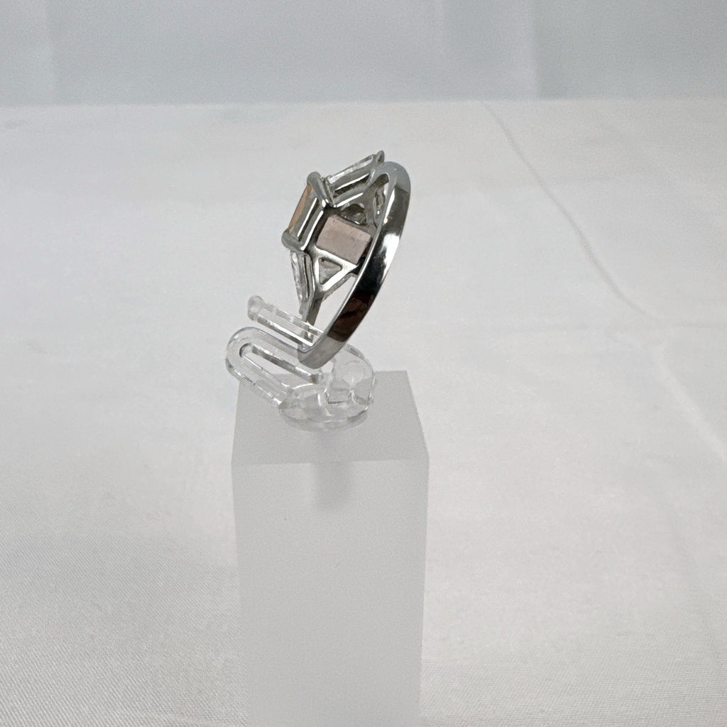 DBJ 925 sterling silver 3-stone ring with champagne emerald-cut CZ and clear trillion side stones size 7