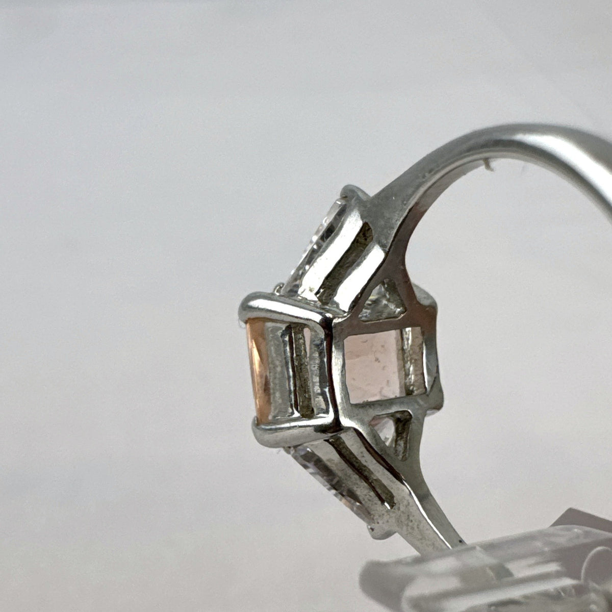 DBJ 925 sterling silver 3-stone ring with champagne emerald-cut CZ and clear trillion side stones size 7