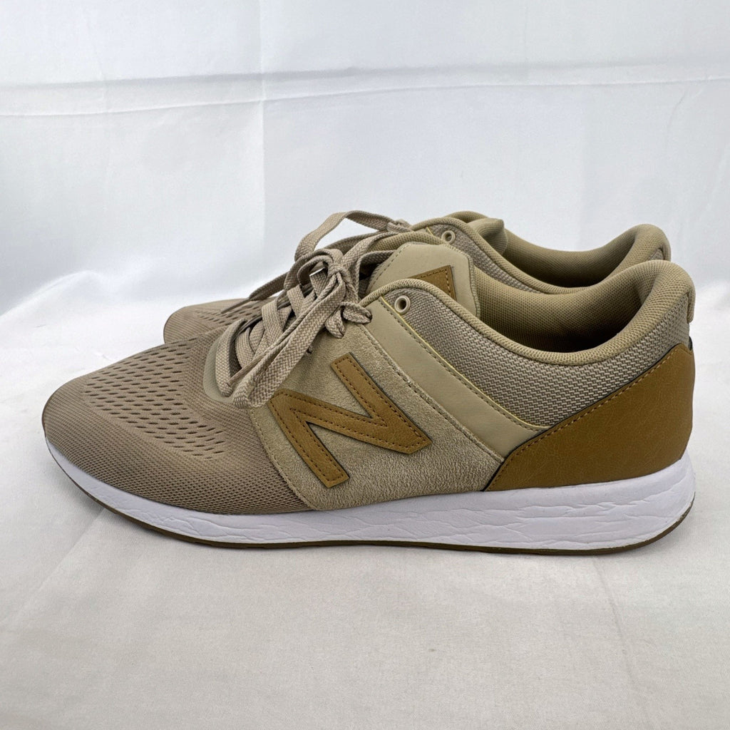 Men's New Balance 009 low-top running shoes in tan mesh and beige suede, size 12