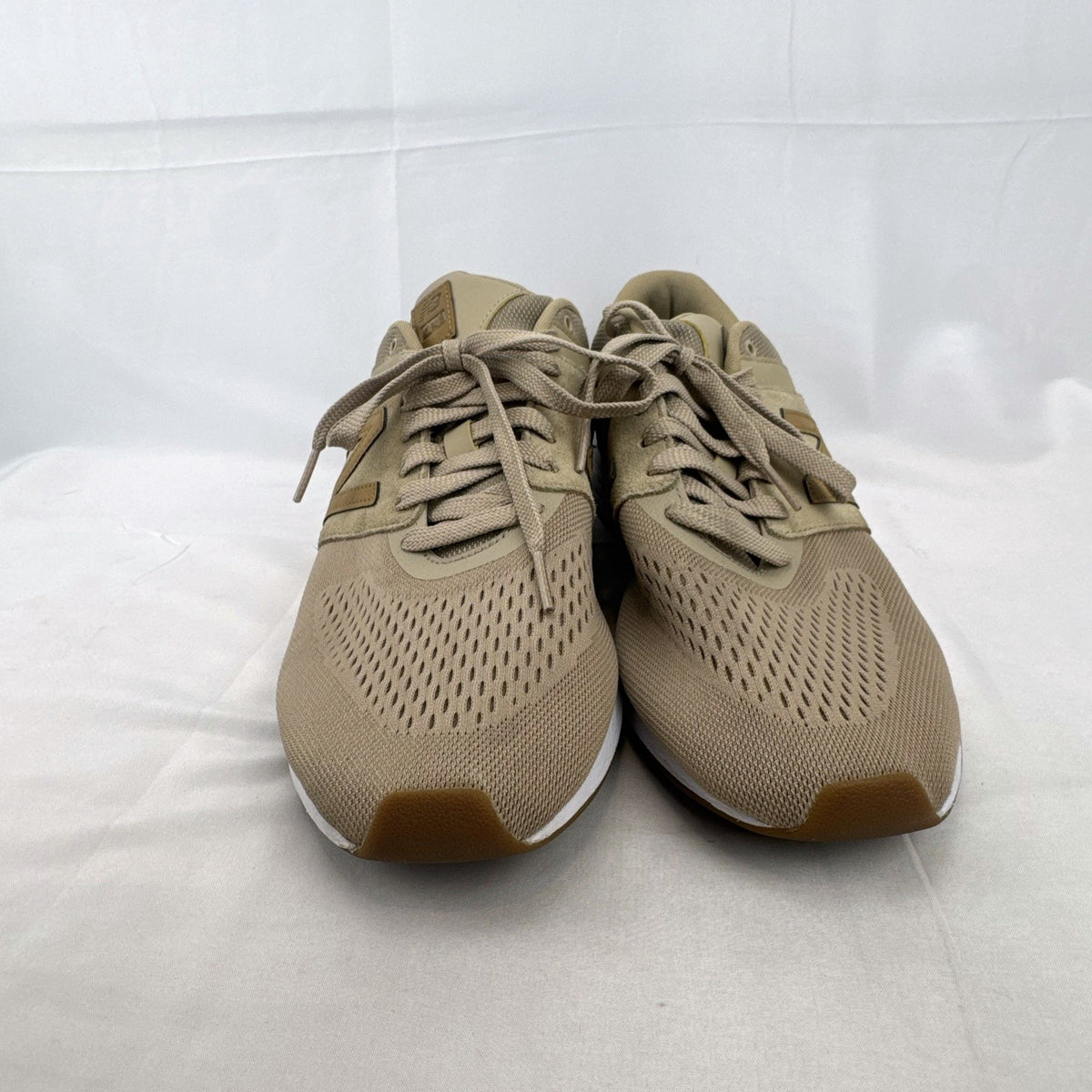 Men's New Balance 009 low-top running shoes in tan mesh and beige suede, size 12