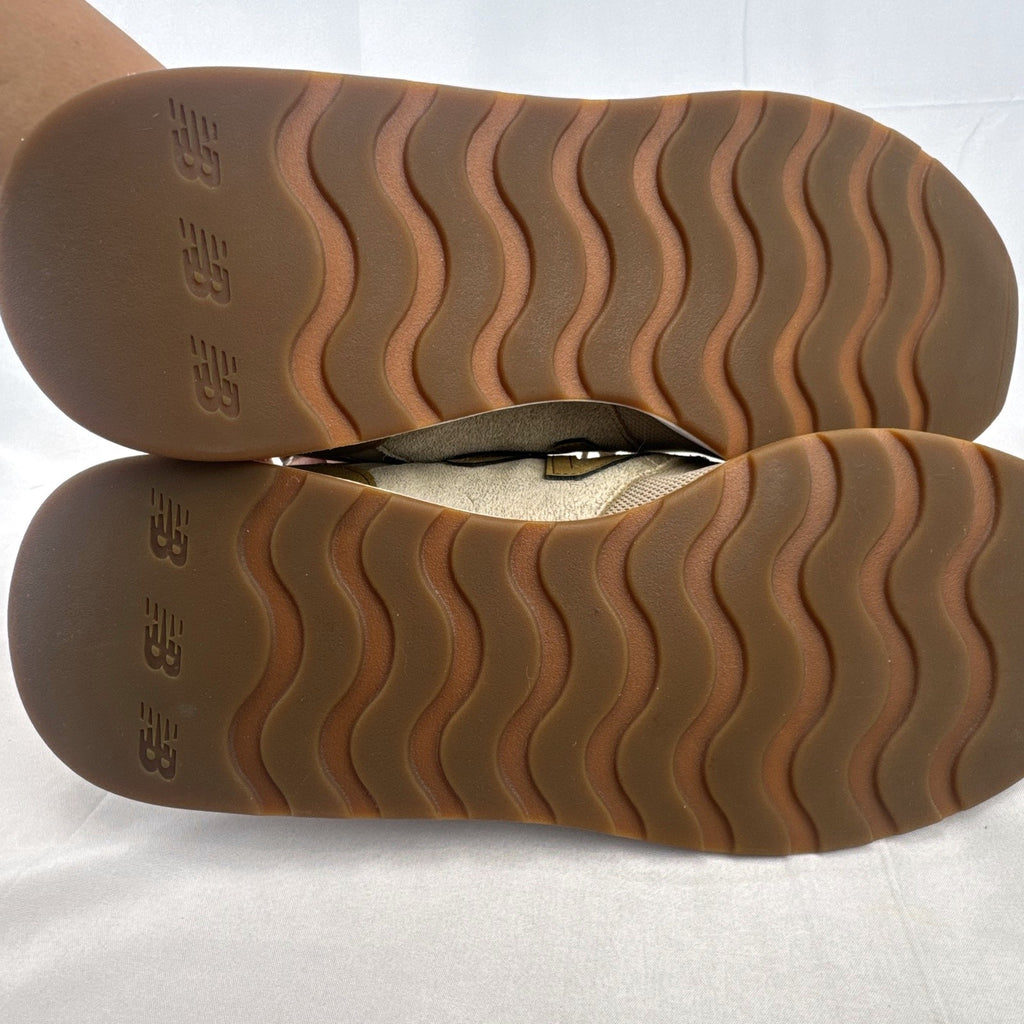 Men's New Balance 009 low-top running shoes in tan mesh and beige suede, size 12