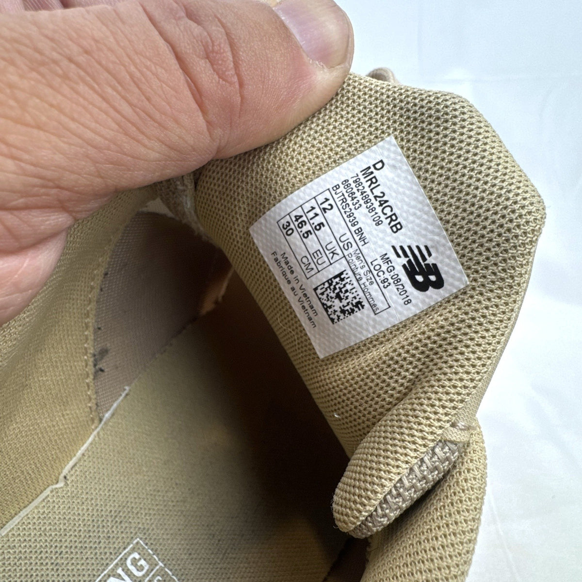 Men's New Balance 009 low-top running shoes in tan mesh and beige suede, size 12