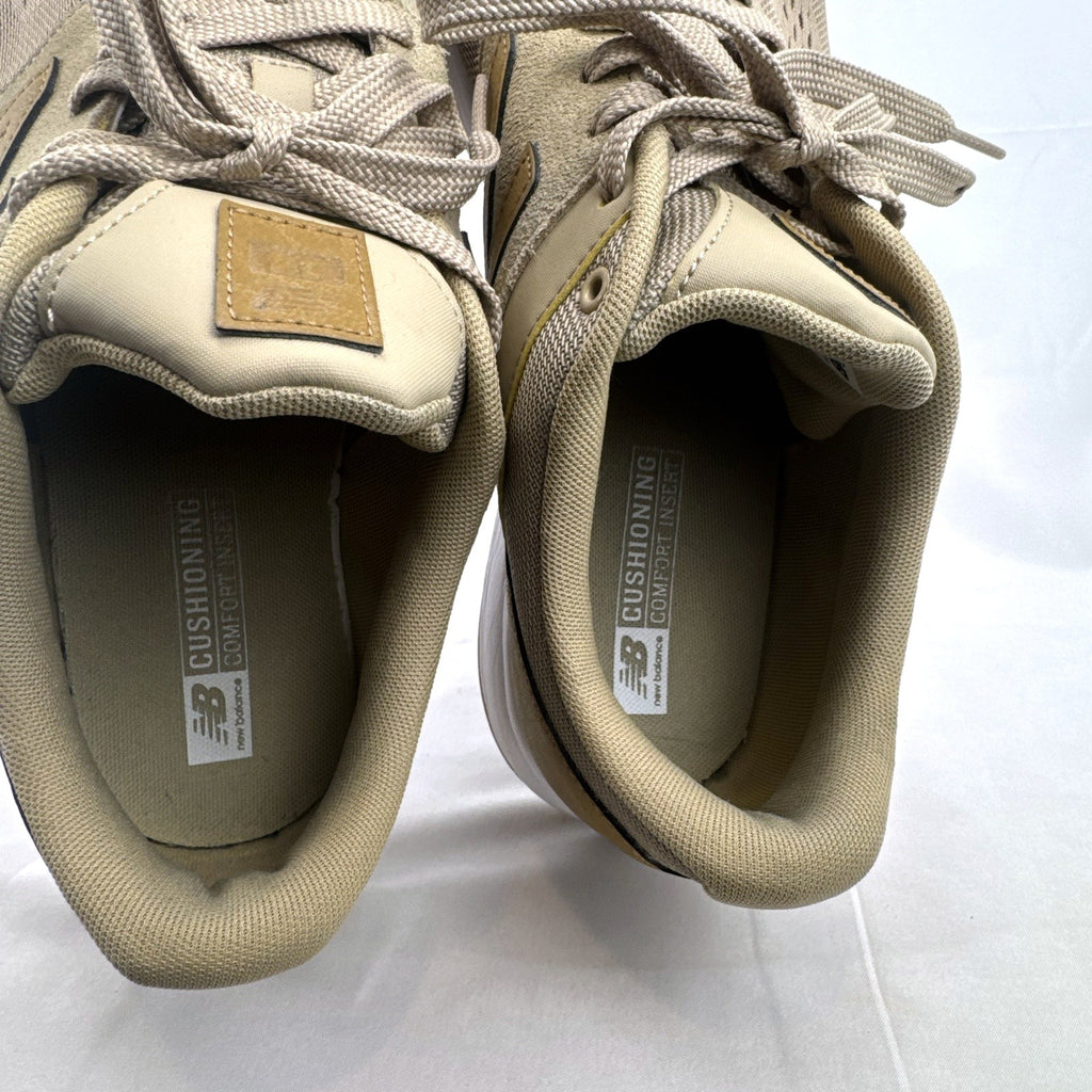 Men's New Balance 009 low-top running shoes in tan mesh and beige suede, size 12