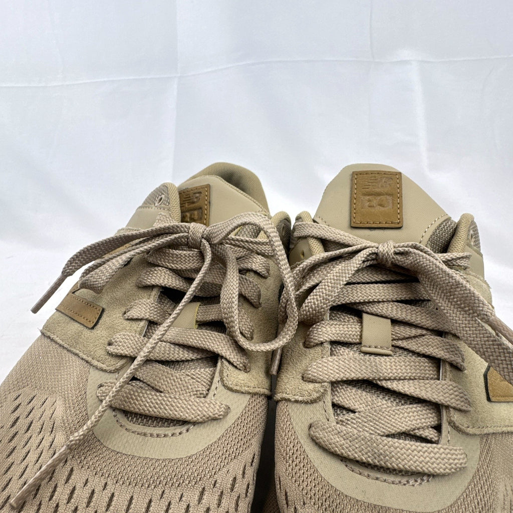 Men's New Balance 009 low-top running shoes in tan mesh and beige suede, size 12