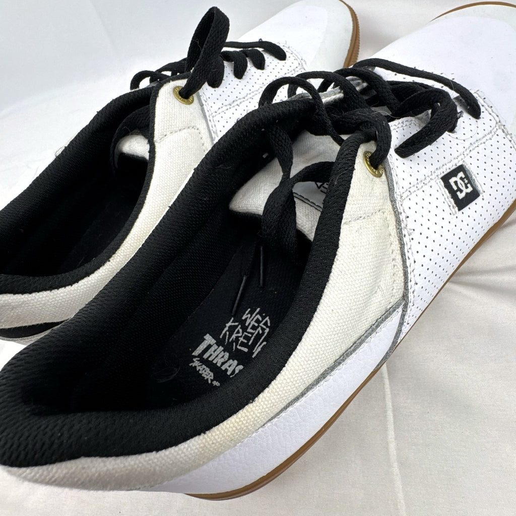DC Shoes x Thrasher SOTY white leather low-top skate sneakers with gum soles in men's US 13.