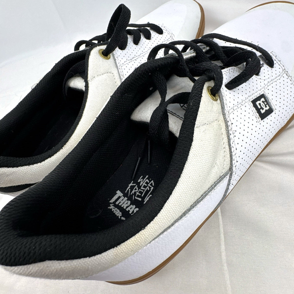 DC Shoes x Thrasher SOTY white leather low-top skate sneakers with gum soles in men's US 13.