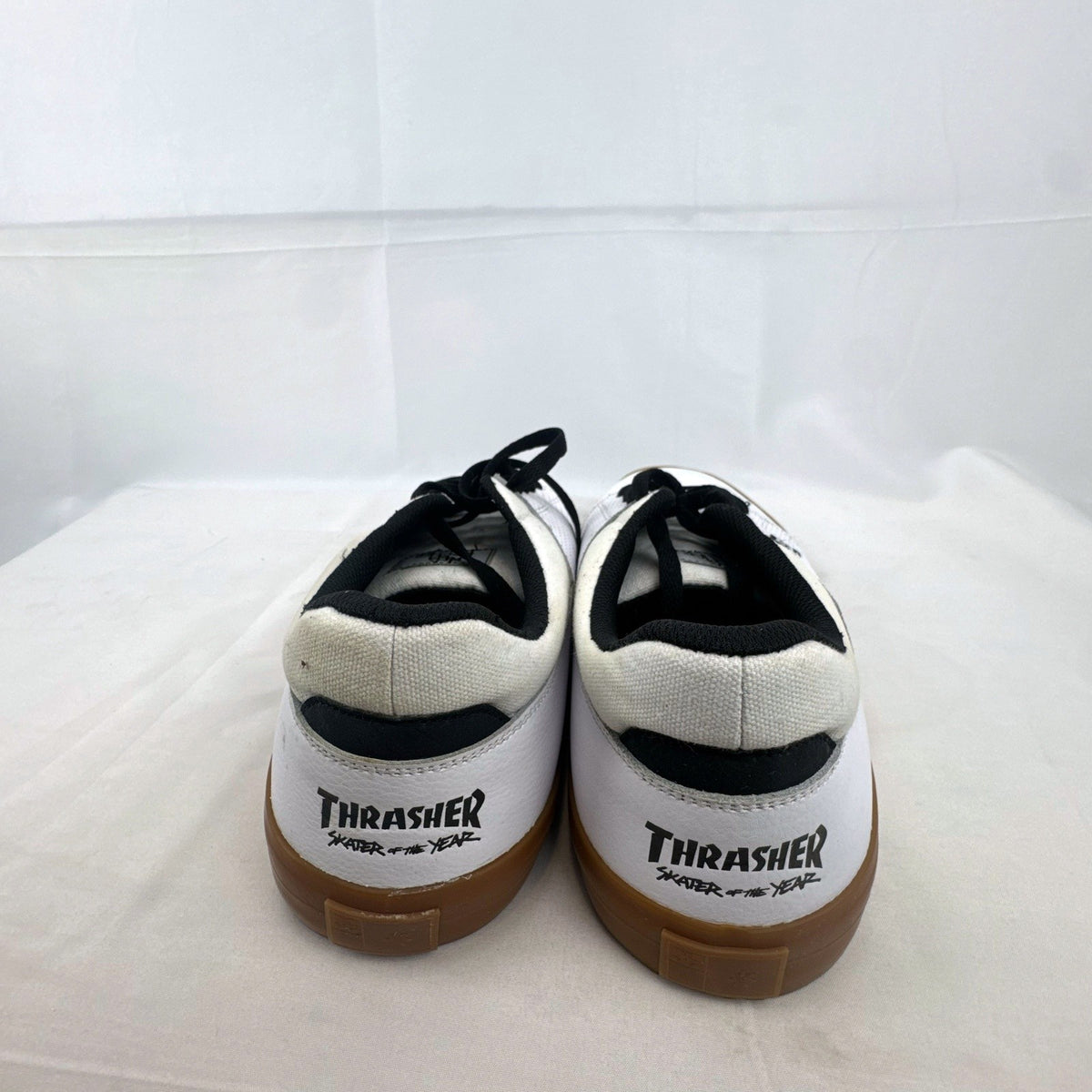 DC Shoes x Thrasher SOTY white leather low-top skate sneakers with gum soles in men's US 13.