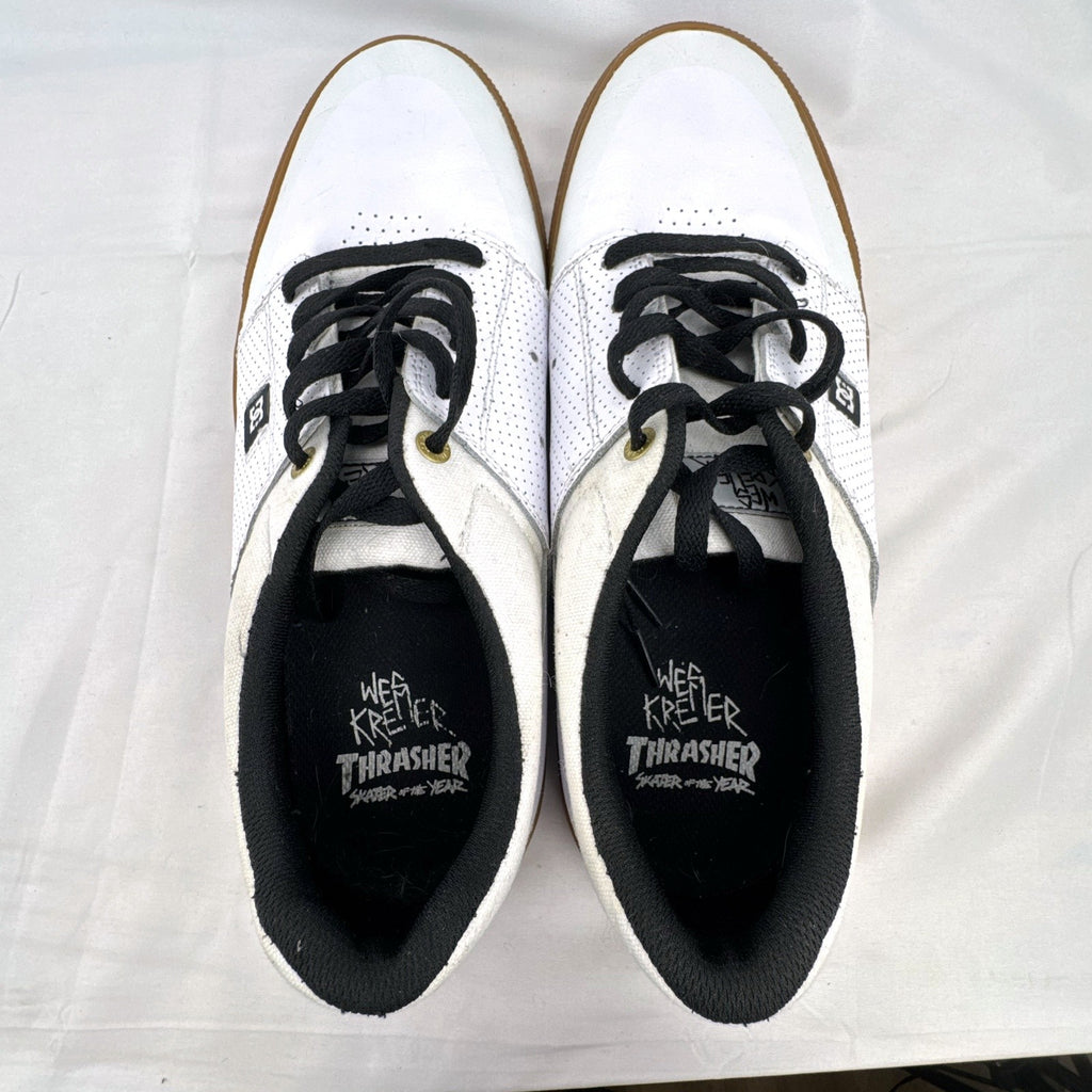 DC Shoes x Thrasher SOTY white leather low-top skate sneakers with gum soles in men's US 13.