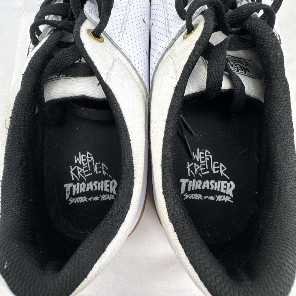 DC Shoes x Thrasher SOTY white leather low-top skate sneakers with gum soles in men's US 13.