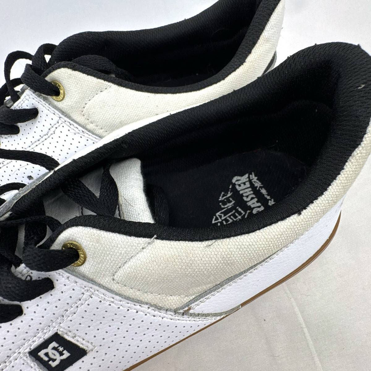 DC Shoes x Thrasher SOTY white leather low-top skate sneakers with gum soles in men's US 13.